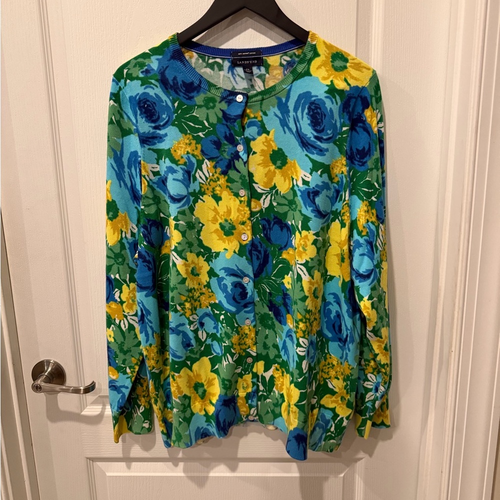 Lands' End Blue, Yellow & Green Floral Button Cardigan